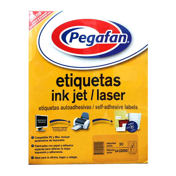 Etiqueta Adhesiva para Impresión Pegafan (A4-CD/DVD 115mm) x20und