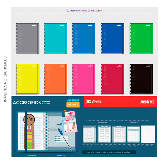 Cuaderno Andes Espiral A4 (35676) Tapa Dura E-Studio (160H) Cuadriculado