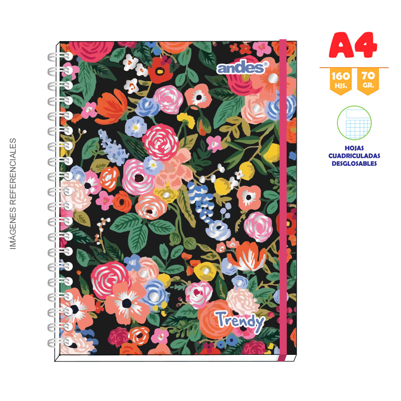 Cuaderno Andes Espiral A4 (50374) Tapa Dura Trendy (160Hjs) Cuadriculado