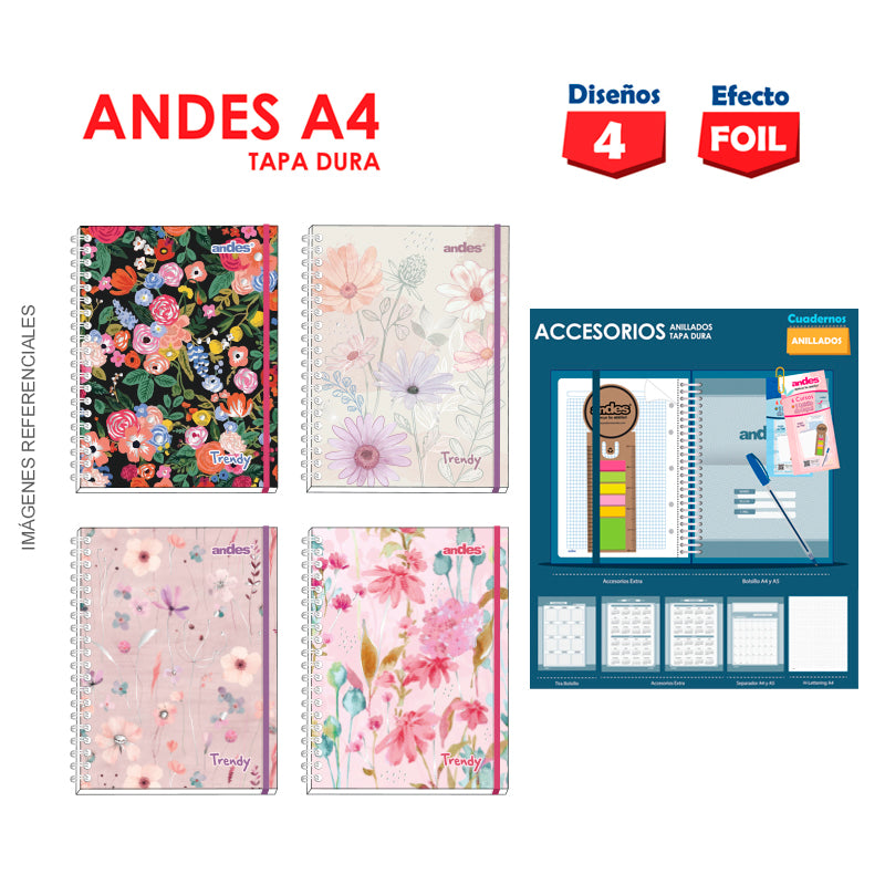 Cuaderno Andes Espiral A4 (50374) Tapa Dura Trendy (160Hjs) Cuadriculado
