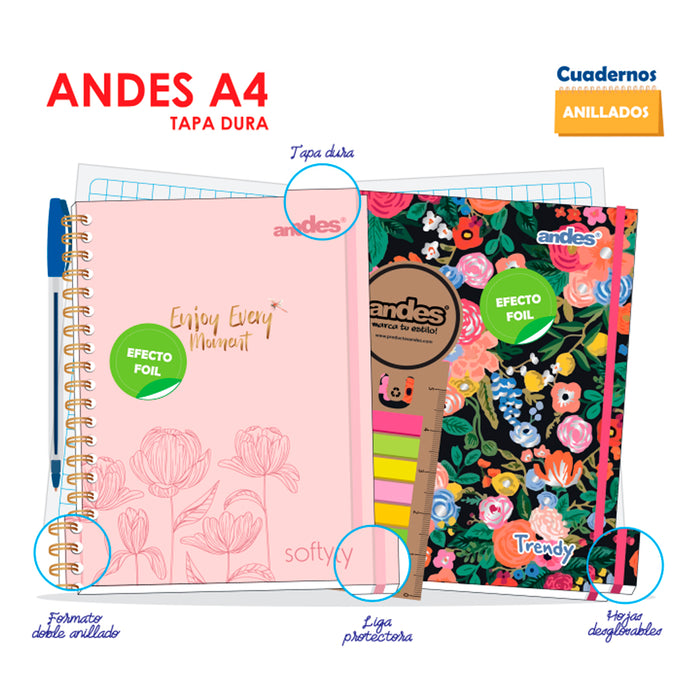 Cuaderno Andes Espiral A4 (50374) Tapa Dura Trendy (160Hjs) Cuadriculado