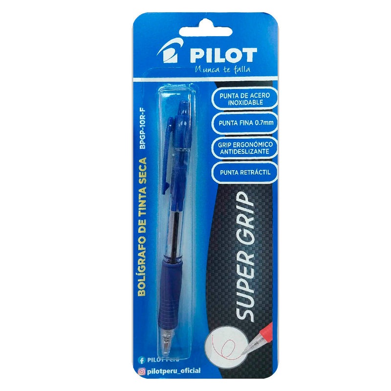 Bolígrafo Pilot Tinta Seca (BPGP-10R) Supergrip Retráctil Blister Azul