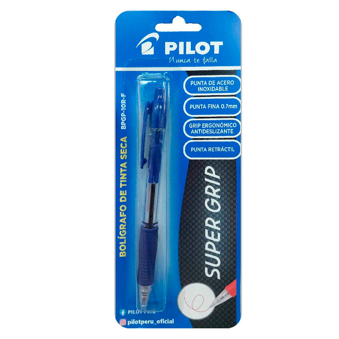 Bolígrafo Pilot Tinta Seca (BPGP-10R) Supergrip Retráctil Blister Azul