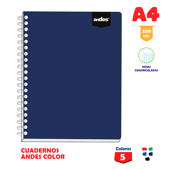 Cuaderno Andes Espiral A4 Andes Color (200Hjs) Cuadriculado