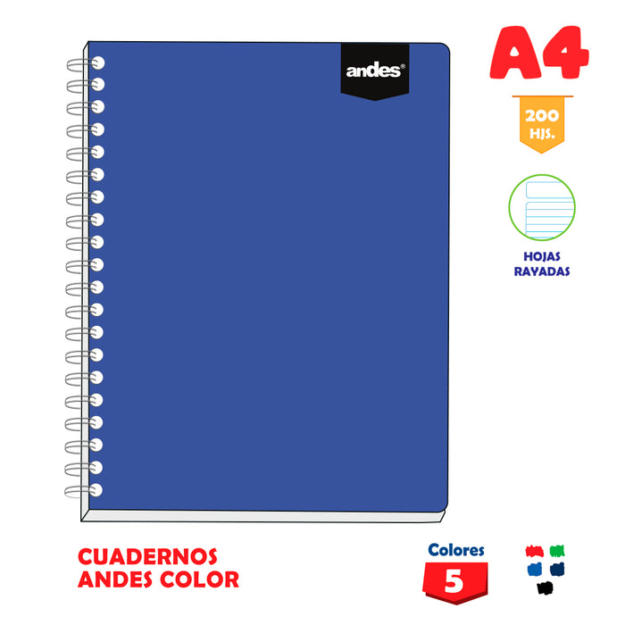 Cuaderno Andes Espiral A4 Andes Color (200Hjs) Rayado