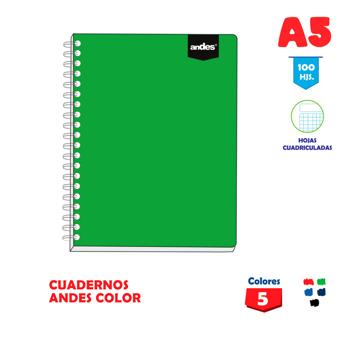 Cuaderno Andes Espiral A5 Cuadriculado (100hjs) Andes Color