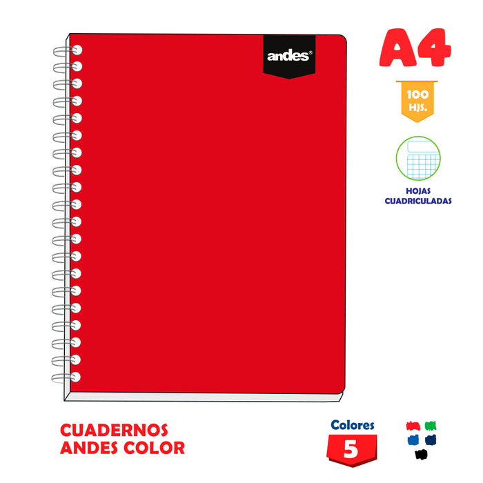 Cuaderno Andes Espiral A4 Andes Color (100Hjs) Cuadriculado