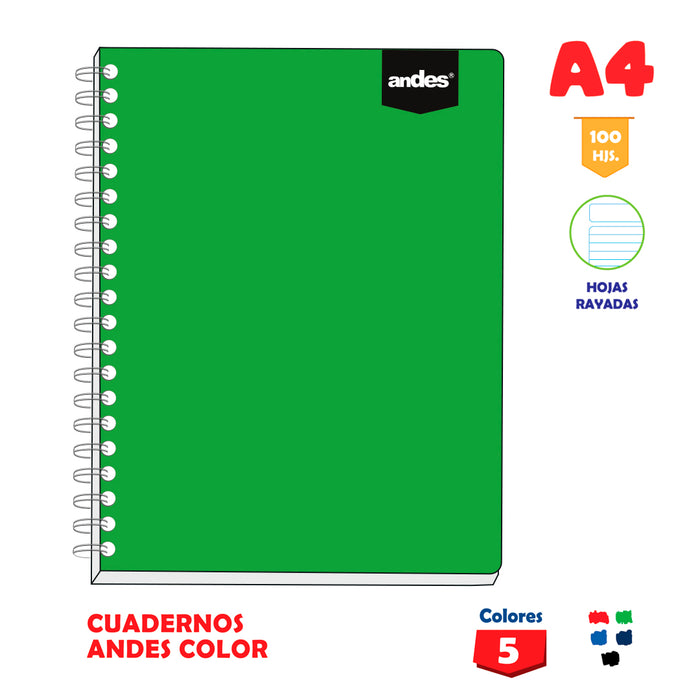 Cuaderno Andes Espiral A4 Andes Color (100Hjs) Rayado