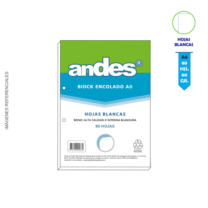 Block De Notas Andes 15.5 X 10.5 Cm Hojas Blancas (80H)