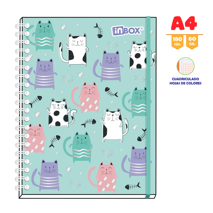 Cuaderno Inbox Espiralado A4 (180HJS) Cuadriculado 60Gr T/Dura - Diseños surtidos