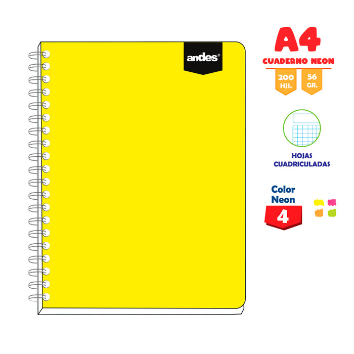 Cuaderno Andes Espiral A4 (52846) Cuadriculado Tapa Carton (200hjs Color Neon - Colores surtidos