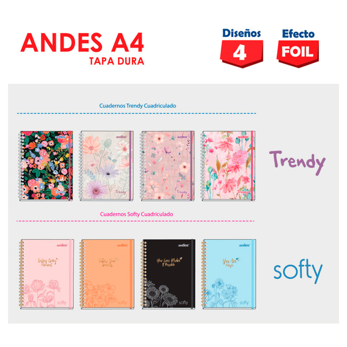 Cuaderno Andes Espiral cuadriculado A4 Tapa Dura (160Hjs) Softy