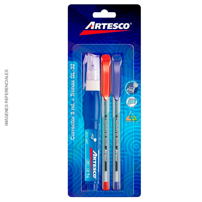 Corrector Artesco  9 Ml + 2 Trimax Gl-32 Azul y Rojo - Blister