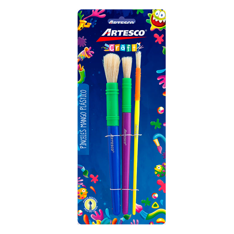 Set Artesco X3 Pinceles P.Cerda Punta Redonda Mango Bicolor