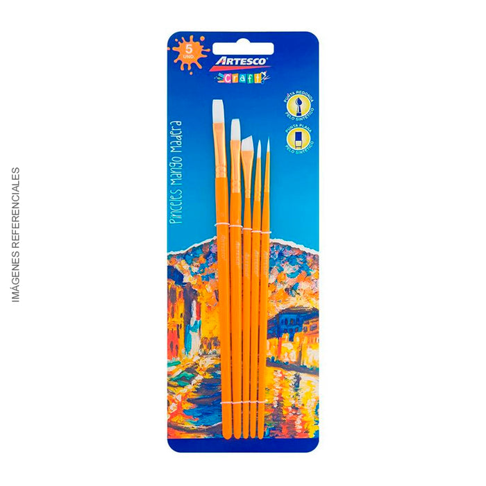 Set Artesco X5 Pinceles P.Nylon/ Sintetico P. Redon-Plana Mango Amarillo