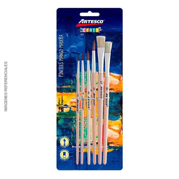 Set Artesco X6 Pinceles P.Pony P. Redon-Plana Mango Madera