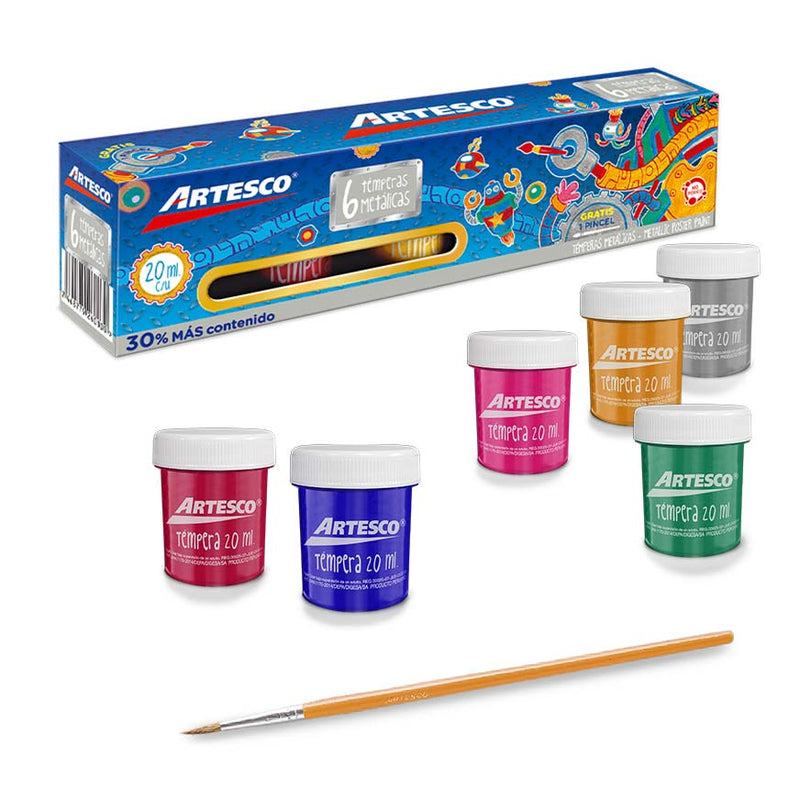 Tempera Artesco Metalica Set X 6 Colores + Pincel (20 Ml)