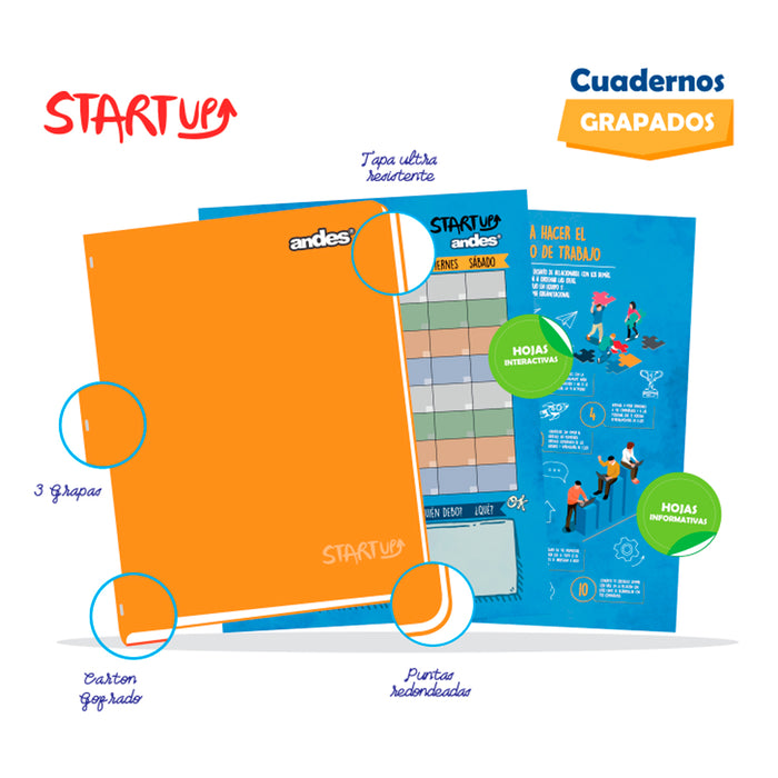 Cuaderno Andes Grapado A4 92H 60Gr Triple renglón C/Sombra Start-Up