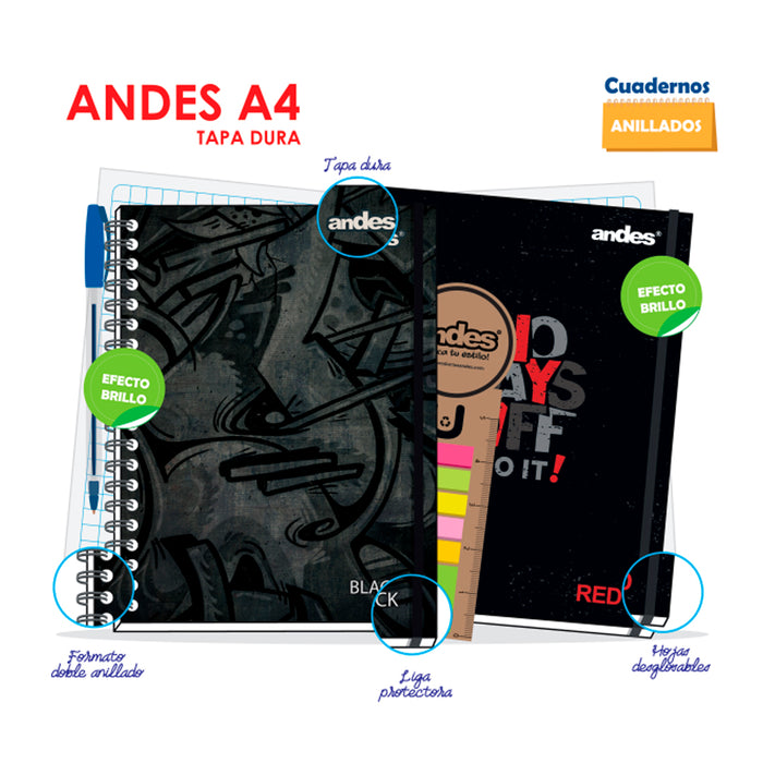 Cuaderno Andes Espiral A4 (50377) Tapa Dura Red (160Hjs) Cuadriculado