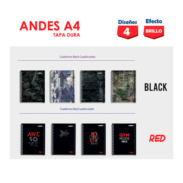 Cuaderno Andes Espiral A4 (50377) Tapa Dura Red (160Hjs) Cuadriculado