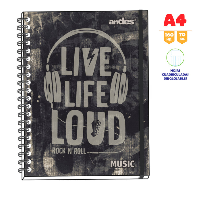 Cuaderno Andes Espiral cuadriculado A-4 160H 70Gr 6C Tapa Dura Music