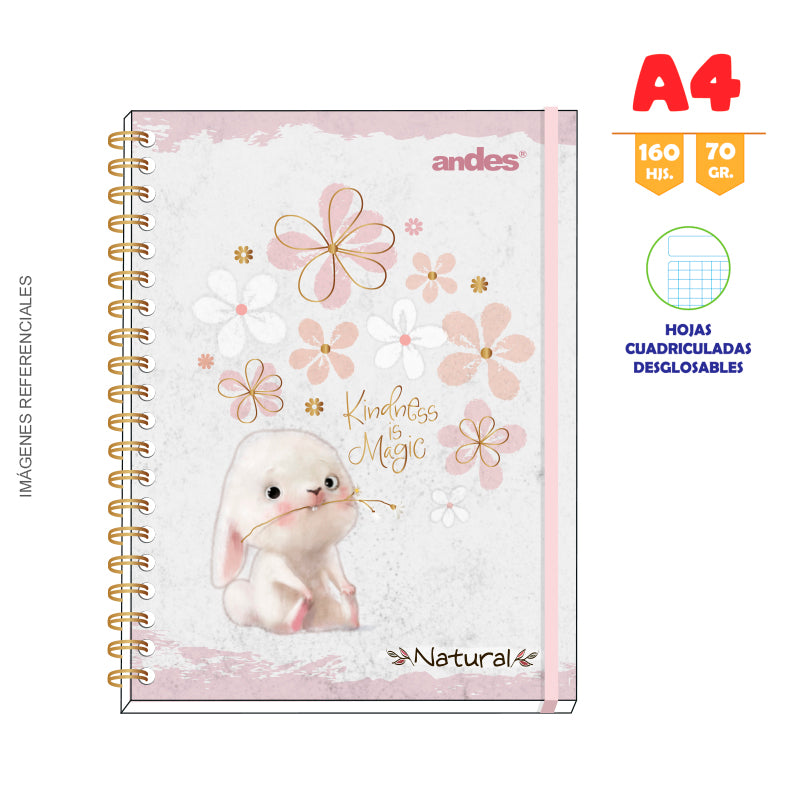 Cuaderno Andes Espiral A-4 160H cuadriculado 70Gr 6C Tapa dura Natural - Modelos surtidos