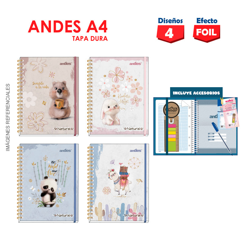 Cuaderno Andes Espiral A-4 160H cuadriculado 70Gr 6C Tapa dura Natural - Modelos surtidos