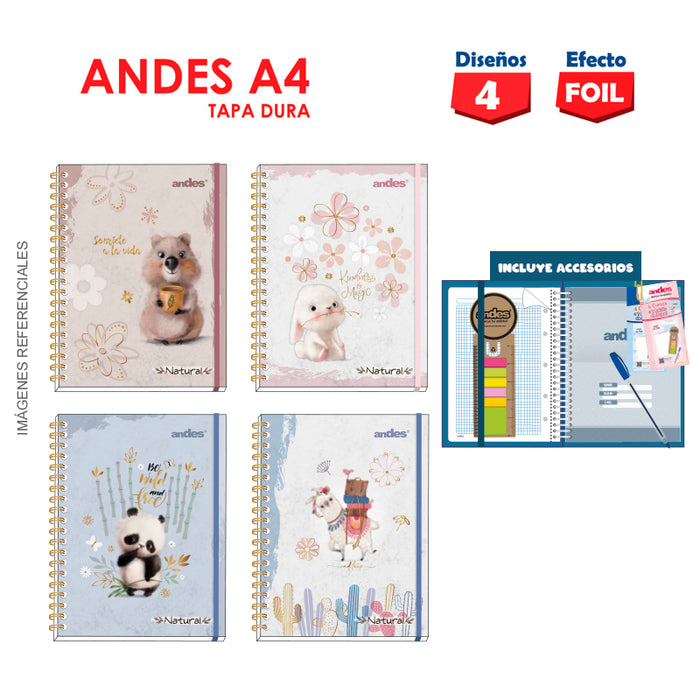 Cuaderno Andes Espiral A-4 160H cuadriculado 70Gr 6C Tapa dura Natural - Modelos surtidos