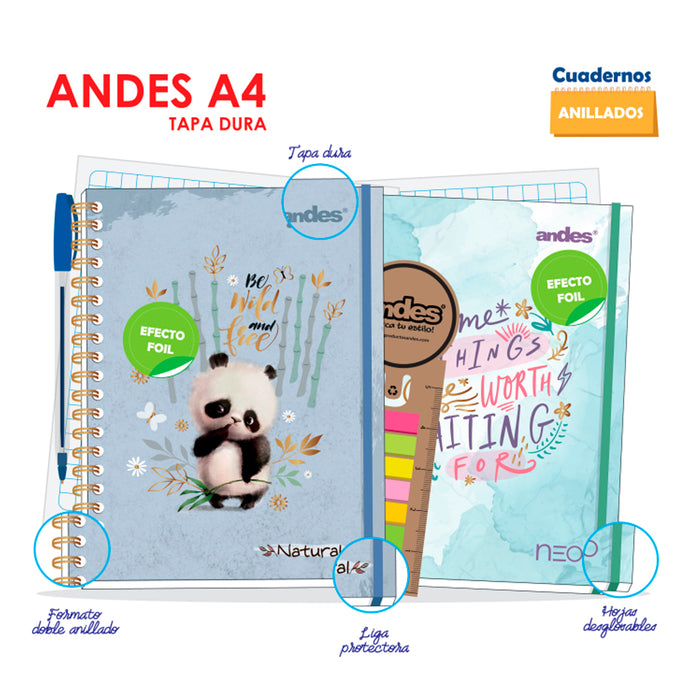 Cuaderno Andes Espiral A-4 160H cuadriculado 70Gr 6C Tapa dura Natural - Modelos surtidos