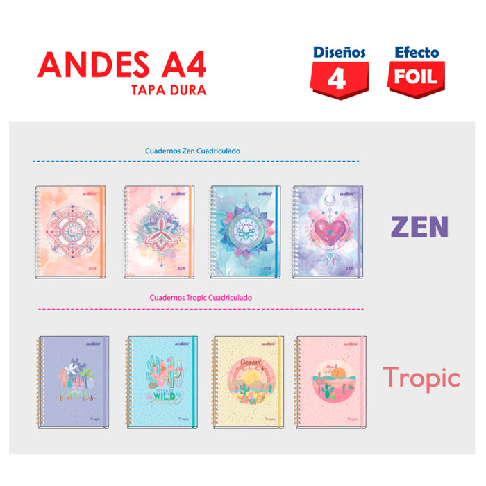 Cuaderno Andes Espiral cuadriculado A4 160h 70gr 6c Tapa dura Zen