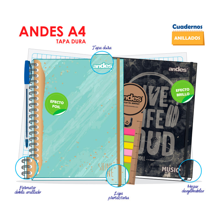 Cuaderno Andes Espiral cuadriculado A-4 160H 70Gr 6C Tapa Dura Music