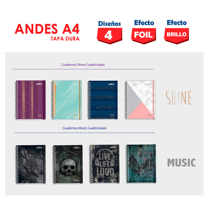 Cuaderno Andes Espiral A-4 160H Cuadriculado 70Gr 6C Tapa dura Shine