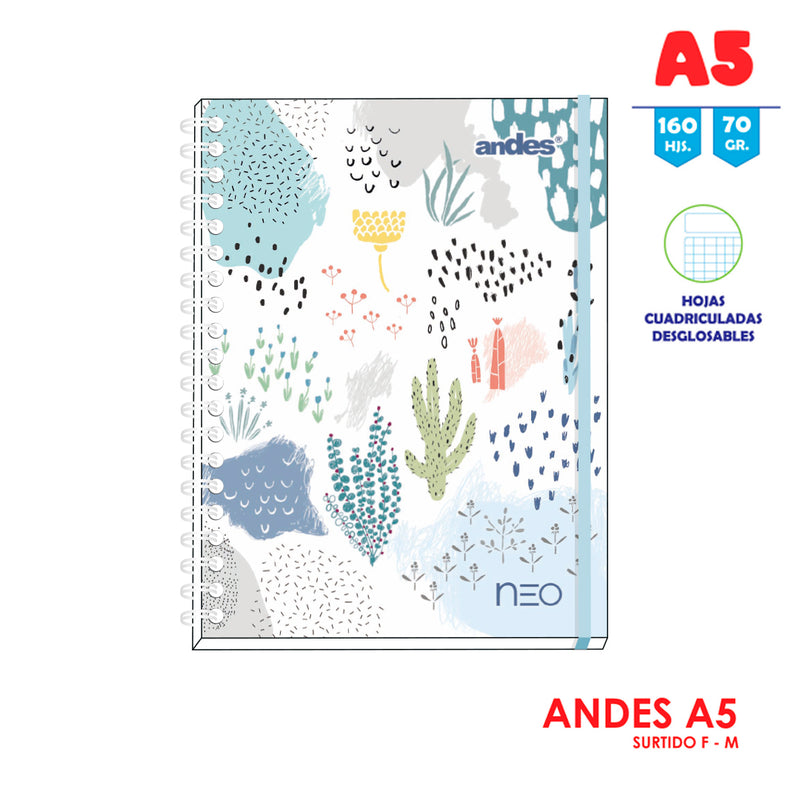 Cuaderno Andes Espiral A-5 160H - Cuadriculado -  Diseños Surtidos Femenino - Tapa Dura