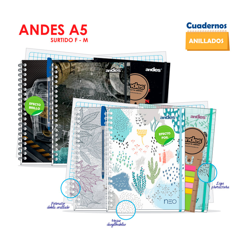 Cuaderno Andes Espiral A-5 160H - Cuadriculado -  Diseños Surtidos Femenino - Tapa Dura