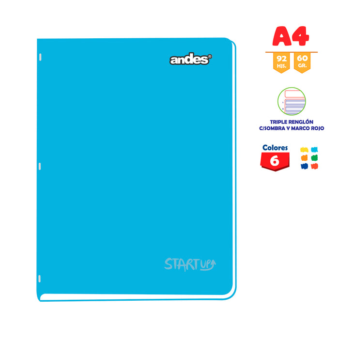 Cuaderno Andes Grapado A4 92H 60Gr Triple renglón C/Sombra Start-Up