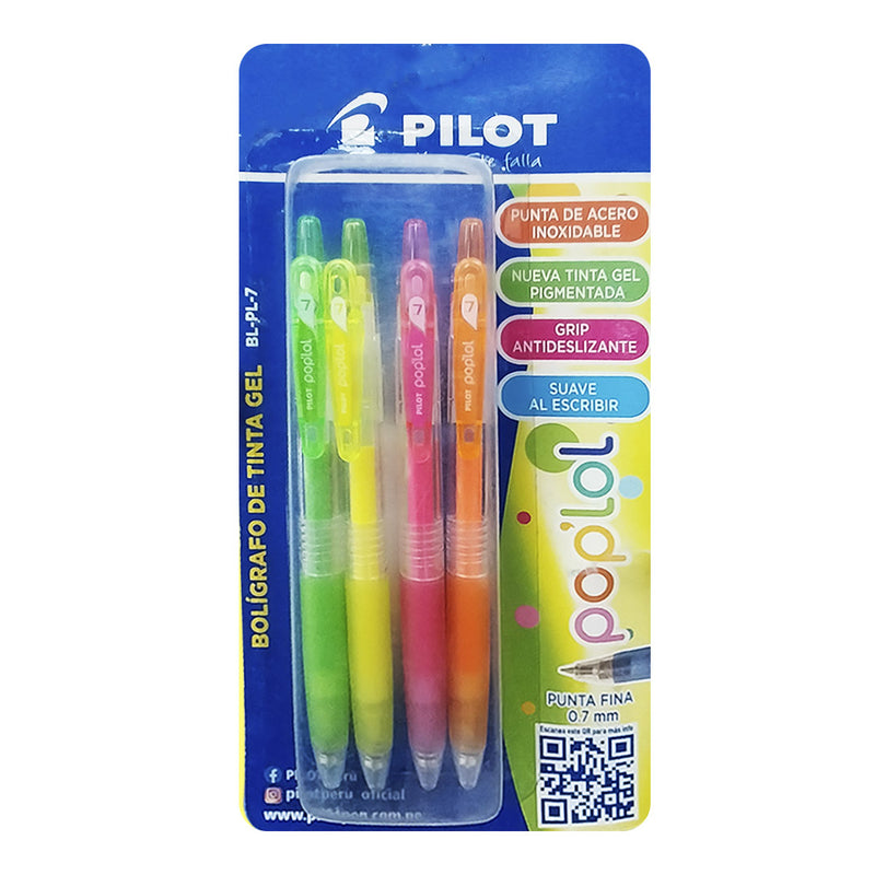 Boligrafo Pilot Roller_PopLoL BL-PL-7-Verde/Naranja/Rosado/Amarillo neon-4Pk