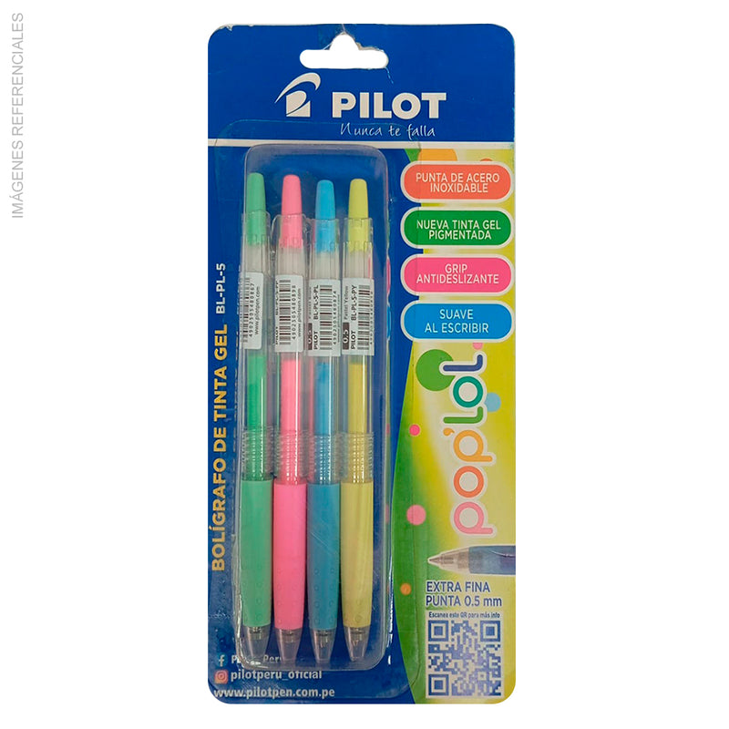Boligrafo Pilot Roller_Poplol Bl-Pl-5-Pastel green/Pastel Blue/Pastel pink/Pastel yellow-4Pk