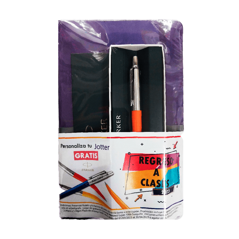 Pack Bolígrafo Parker Jotter Naranja + Libreta K&K Morado 130x210mm