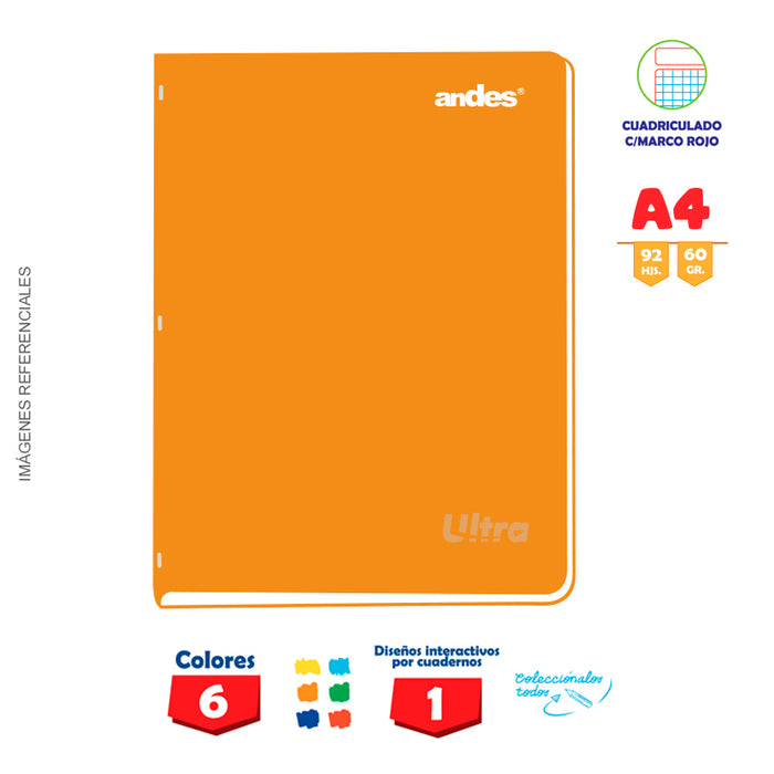 Cuaderno Andes Grapado Ultra A4 92H 60Gr Cuadriculado - Color entero C/Sticker