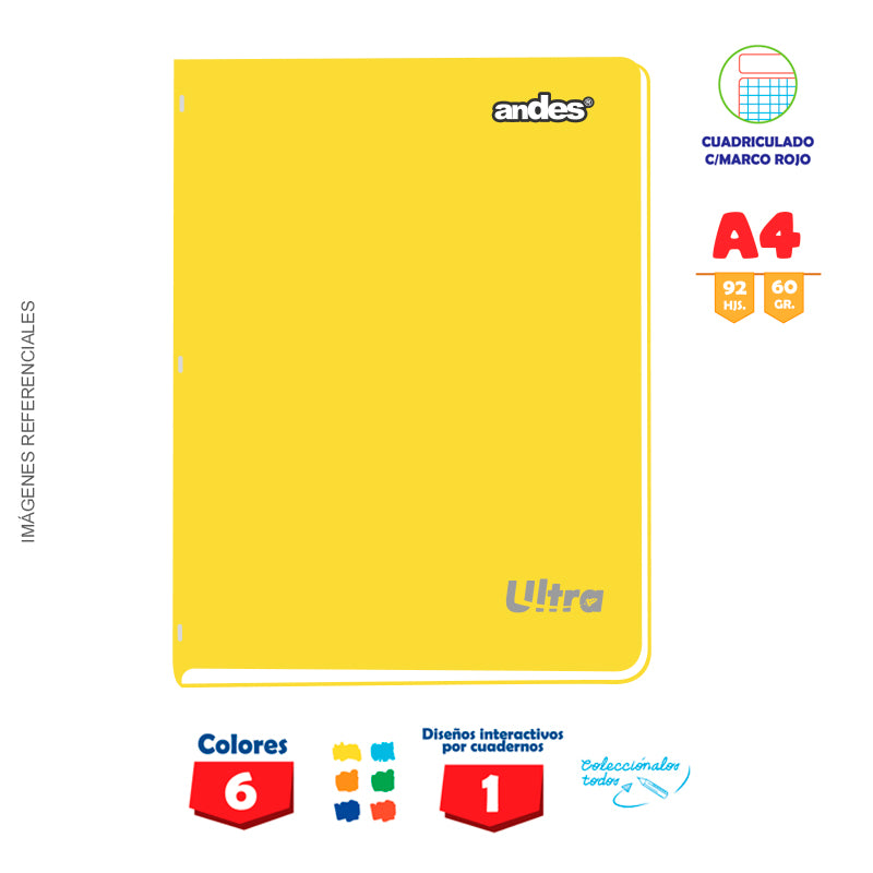 Cuaderno Andes Grapado Ultra A4 92H 60Gr Cuadriculado - Color entero C/Sticker