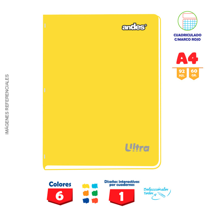 Cuaderno Andes Grapado Ultra A4 92H 60Gr Cuadriculado - Color entero C/Sticker