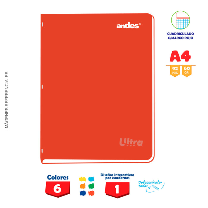 Cuaderno Andes Grapado Ultra A4 92H 60Gr Cuadriculado - Color entero C/Sticker