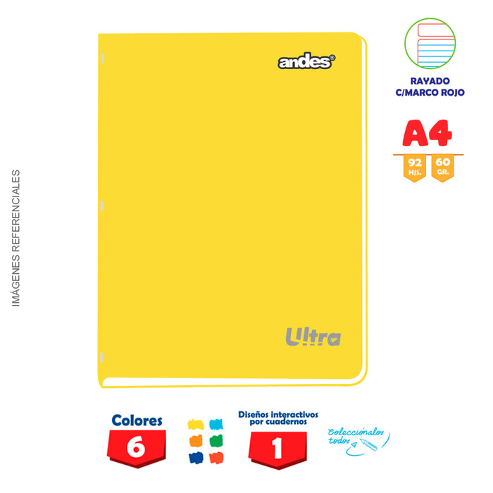 Cuaderno Andes Grapado Ultra A4 92H 60Gr Rayado - Color entero C/Sticker