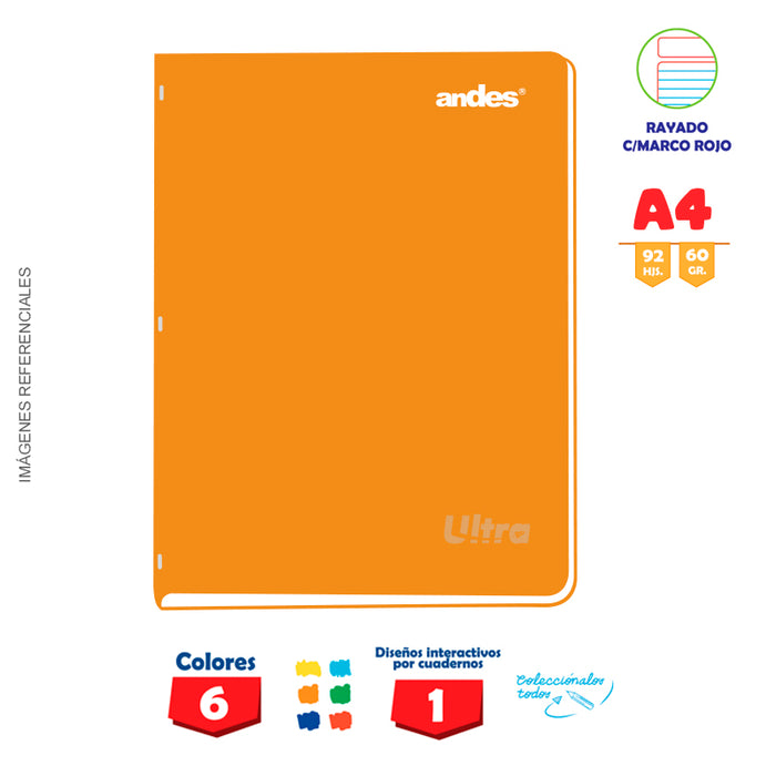 Cuaderno Andes Grapado Ultra A4 92H 60Gr Rayado - Color entero C/Sticker