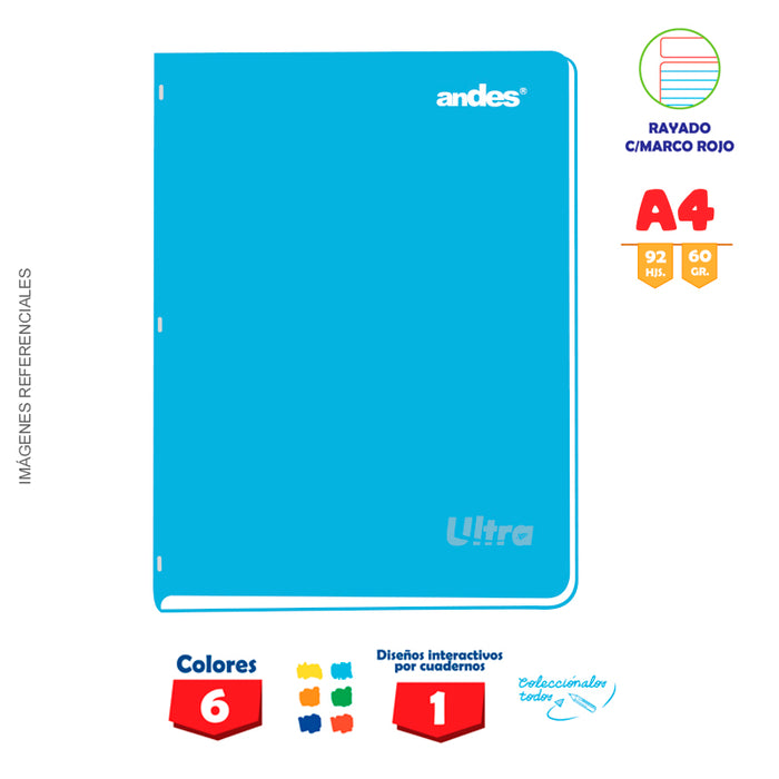 Cuaderno Andes Grapado Ultra A4 92H 60Gr Rayado - Color entero C/Sticker