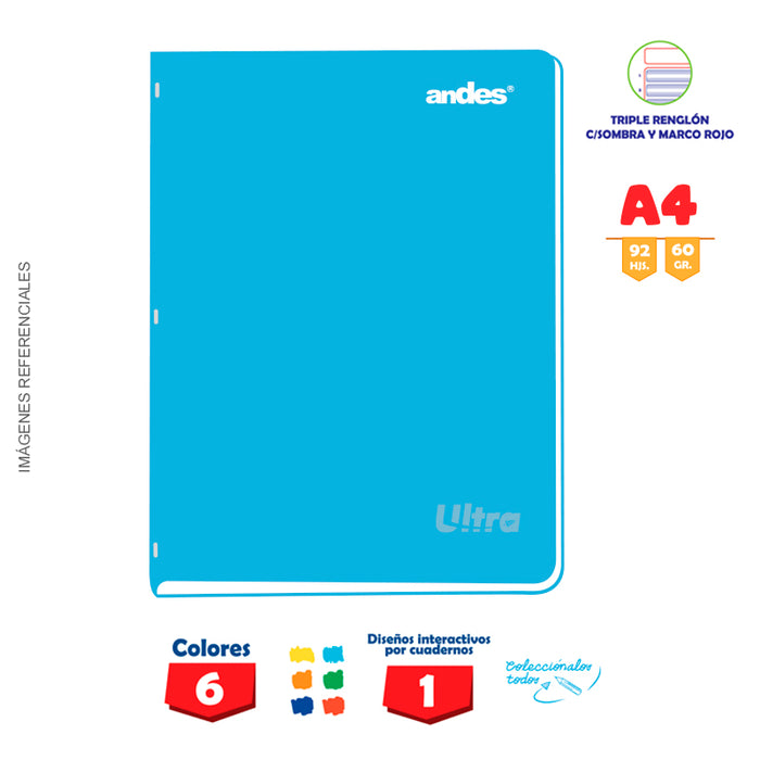 Cuaderno Andes Grapado Ultra A4 92H 60Gr Triple reglón con Sombra - Color entero C/Sticker