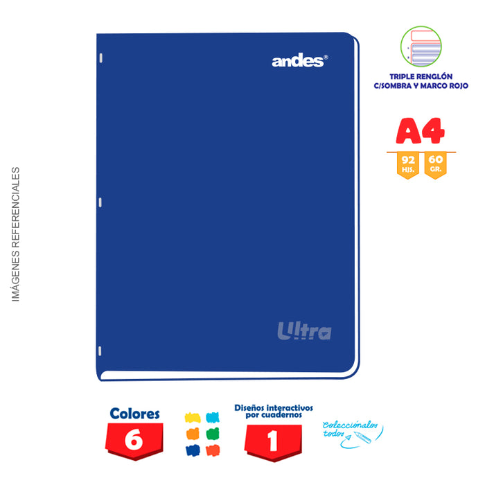 Cuaderno Andes Grapado Ultra A4 92H 60Gr Triple reglón con Sombra - Color entero C/Sticker