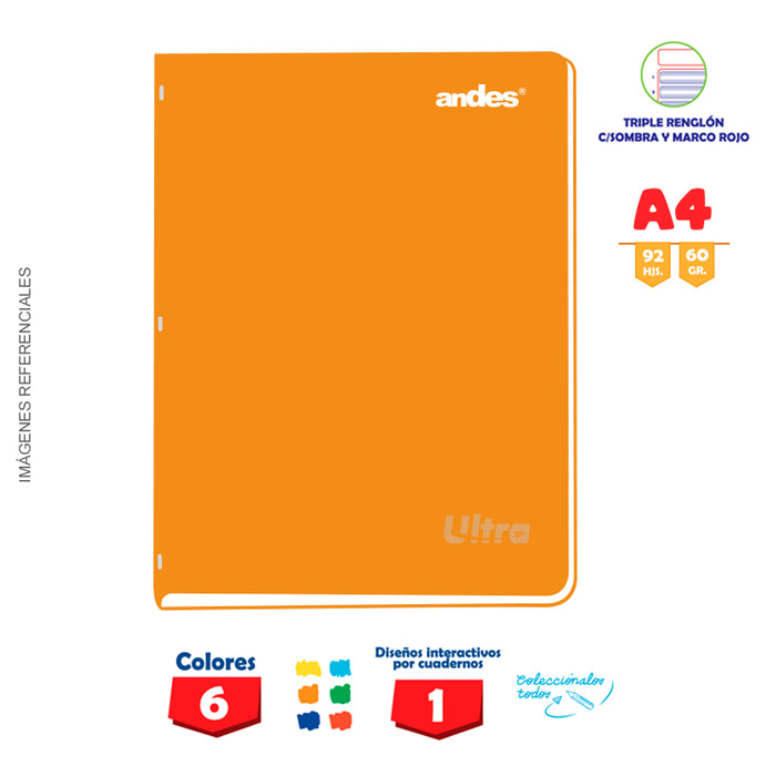 Cuaderno Andes Grapado Ultra A4 92H 60Gr Triple reglón con Sombra - Color entero C/Sticker