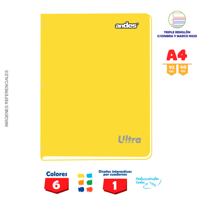 Cuaderno Andes Grapado Ultra A4 92H 60Gr Triple reglón con Sombra - Color entero C/Sticker