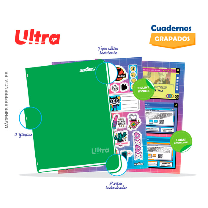 Cuaderno Andes Grapado Ultra A4 92H 60Gr Cuadriculado - Color entero C/Sticker